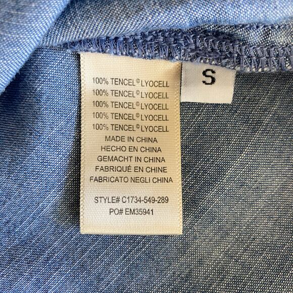 Cloth & Stone Anthropologie Chambray Dress Sz 3/4 Ruffle Sleeves Open Tie Back - Picture 13 of 16